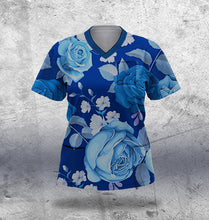 Load image into Gallery viewer, Navy and Light Blue Floral Scrub Top Ladies